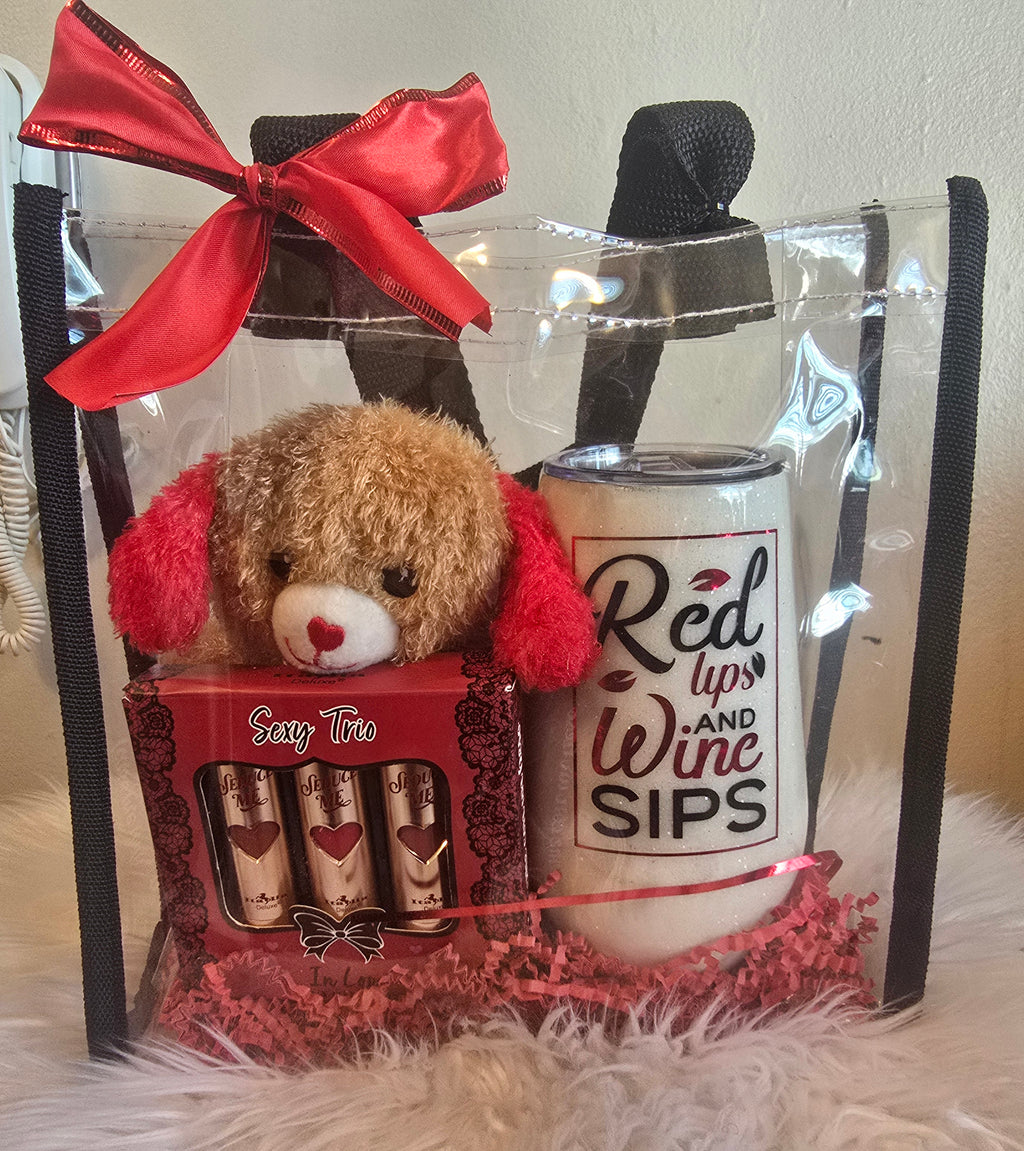 Red Lips Wine Sips Wine Tumbler/Lipstick Gift Bag Set