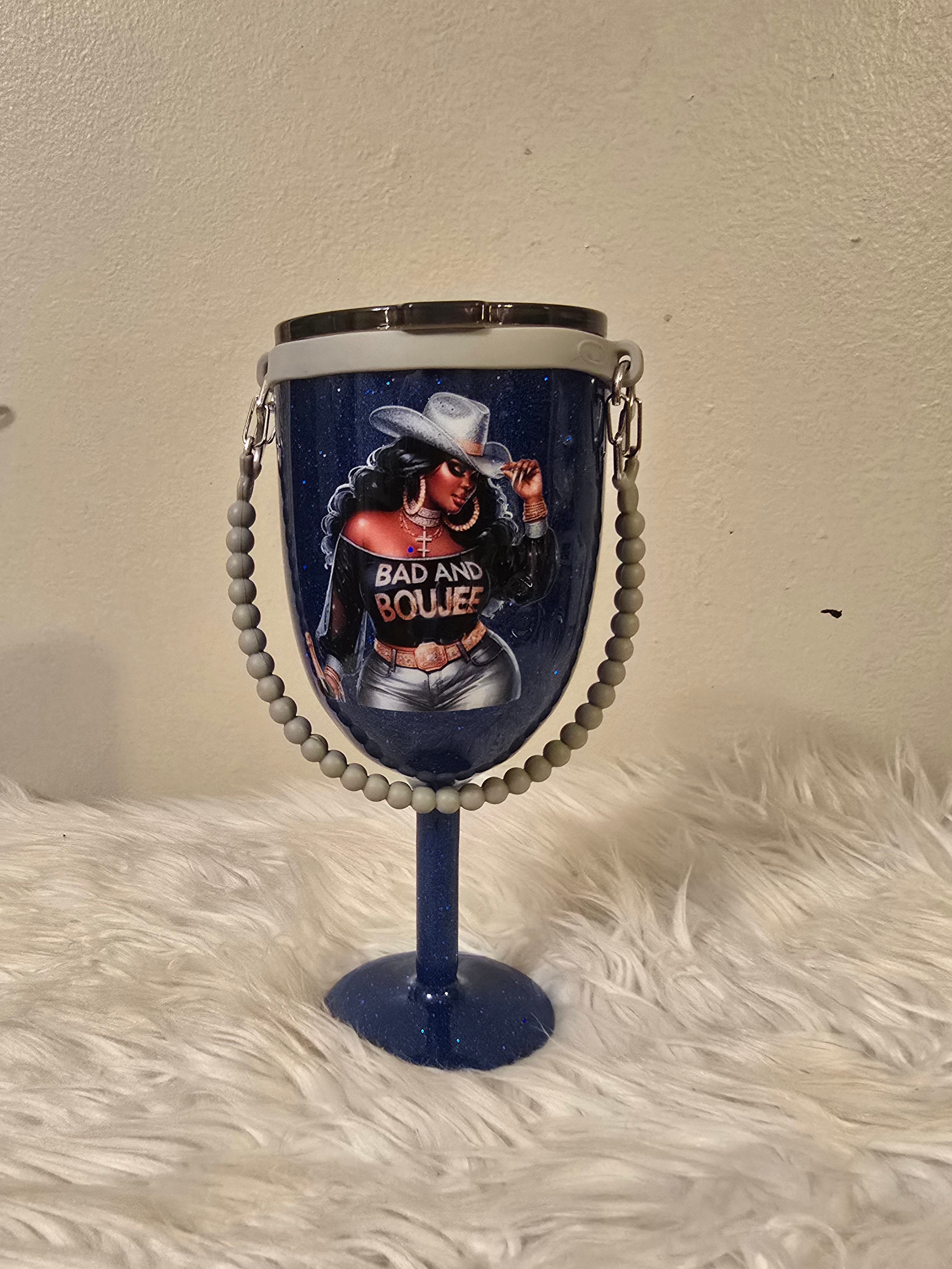 Black Cowgirl Stemmed 10oz Wine Tumbler w/Rope Handle