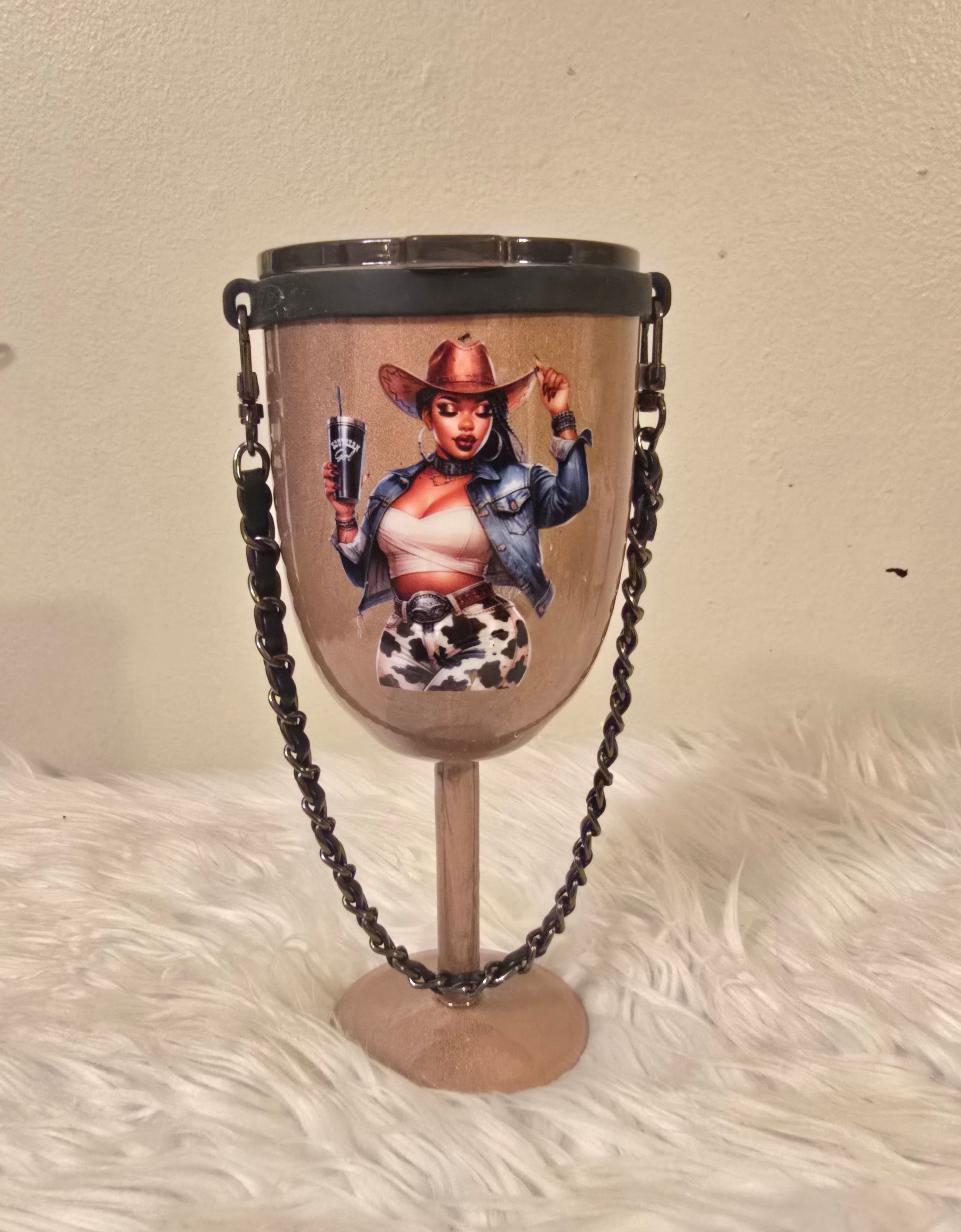 Black Cowgirl Stemmed 10oz Wine Tumbler w/Rope Handle