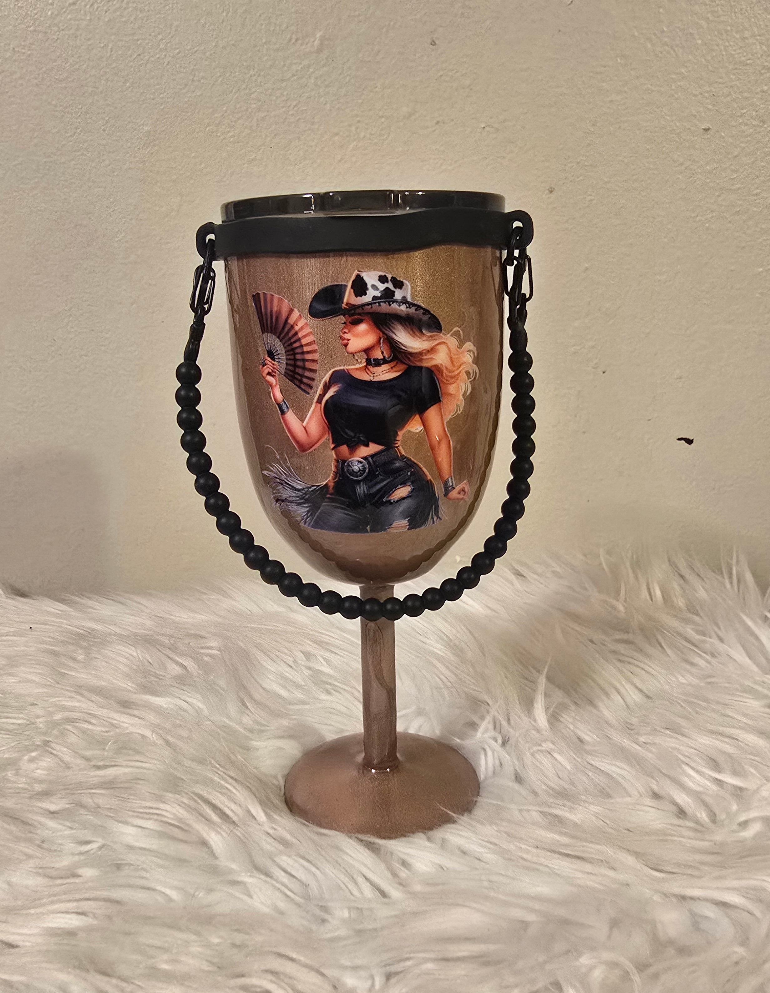 Black Cowgirl Stemmed 10oz Wine Tumbler w/Rope Handle
