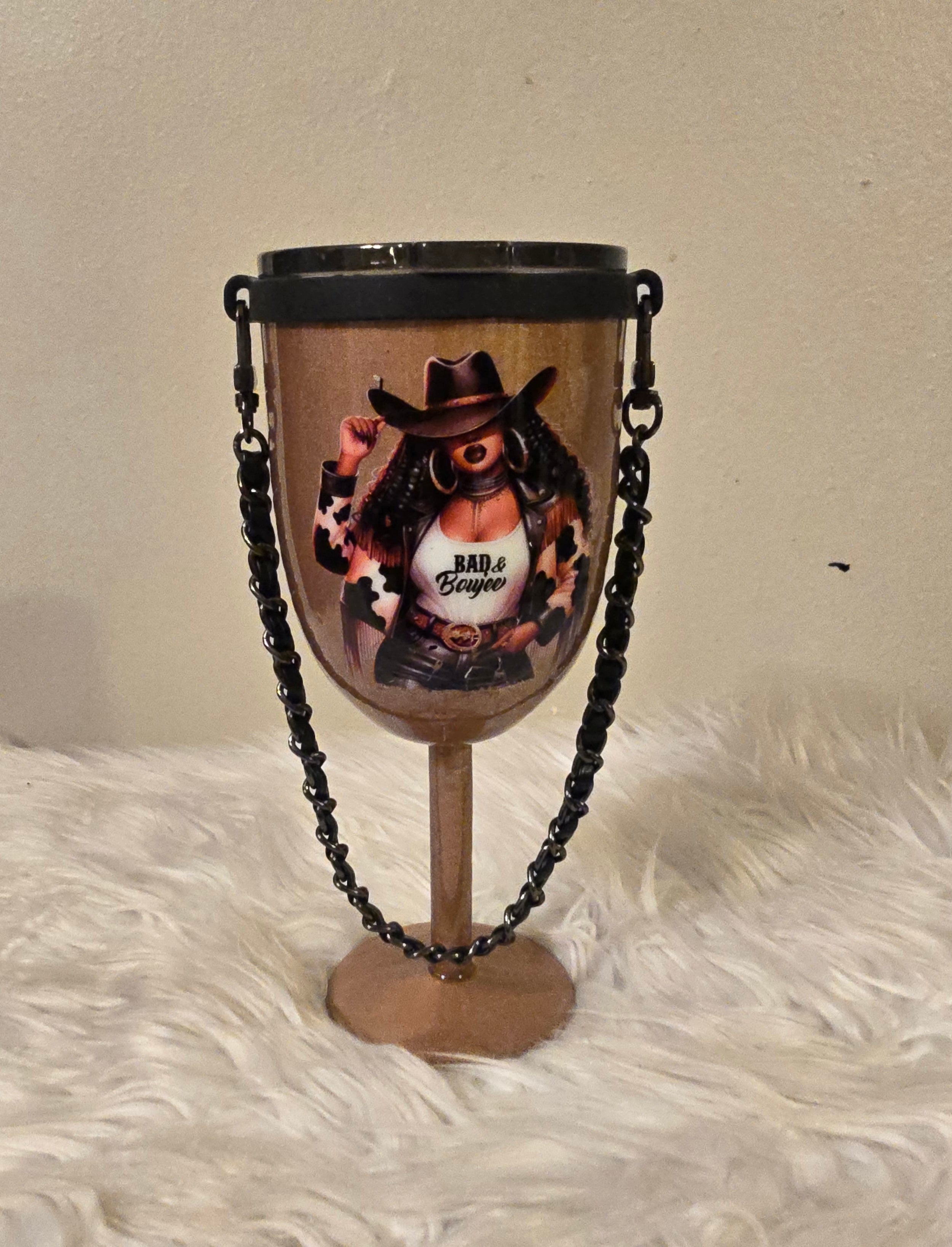 Black Cowgirl Stemmed 10oz Wine Tumbler w/Rope Handle