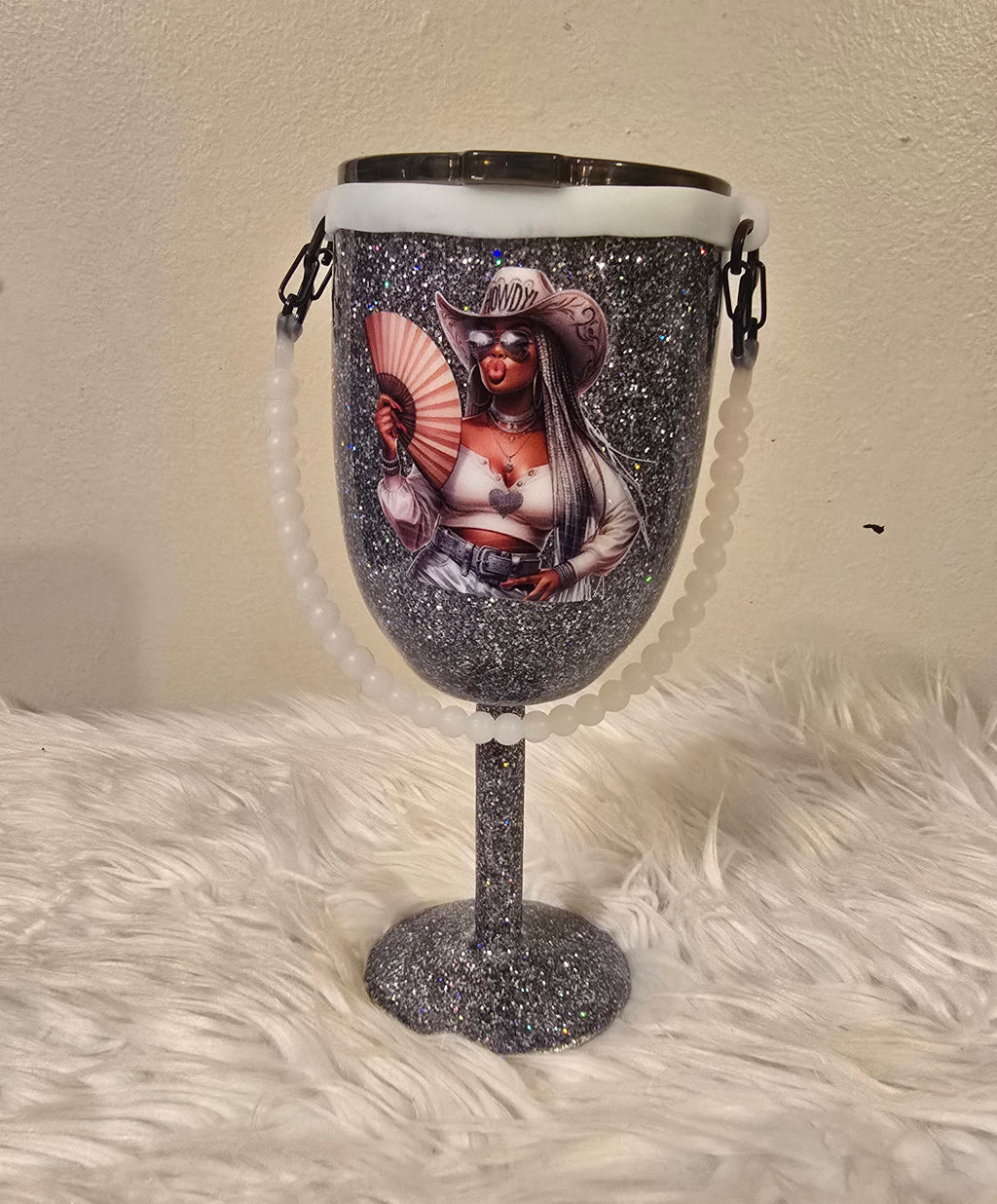 Black Cowgirl Stemmed 10oz Wine Tumbler w/Rope Handle