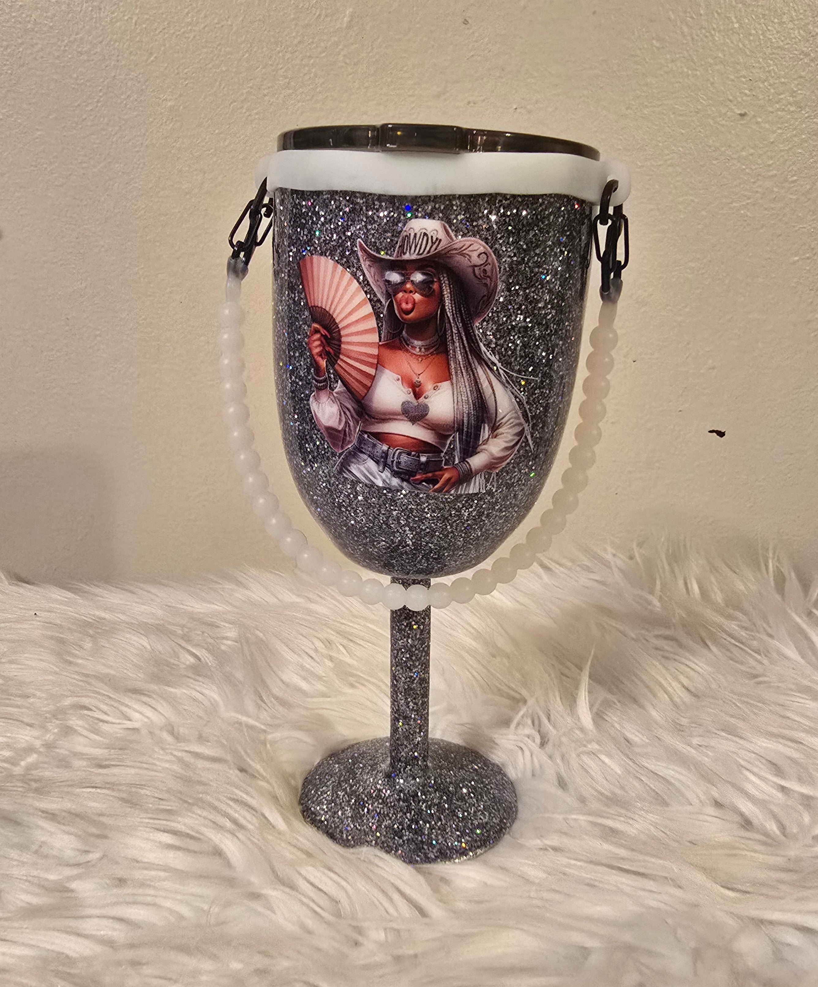 Black Cowgirl Stemmed 10oz Wine Tumbler w/Rope Handle