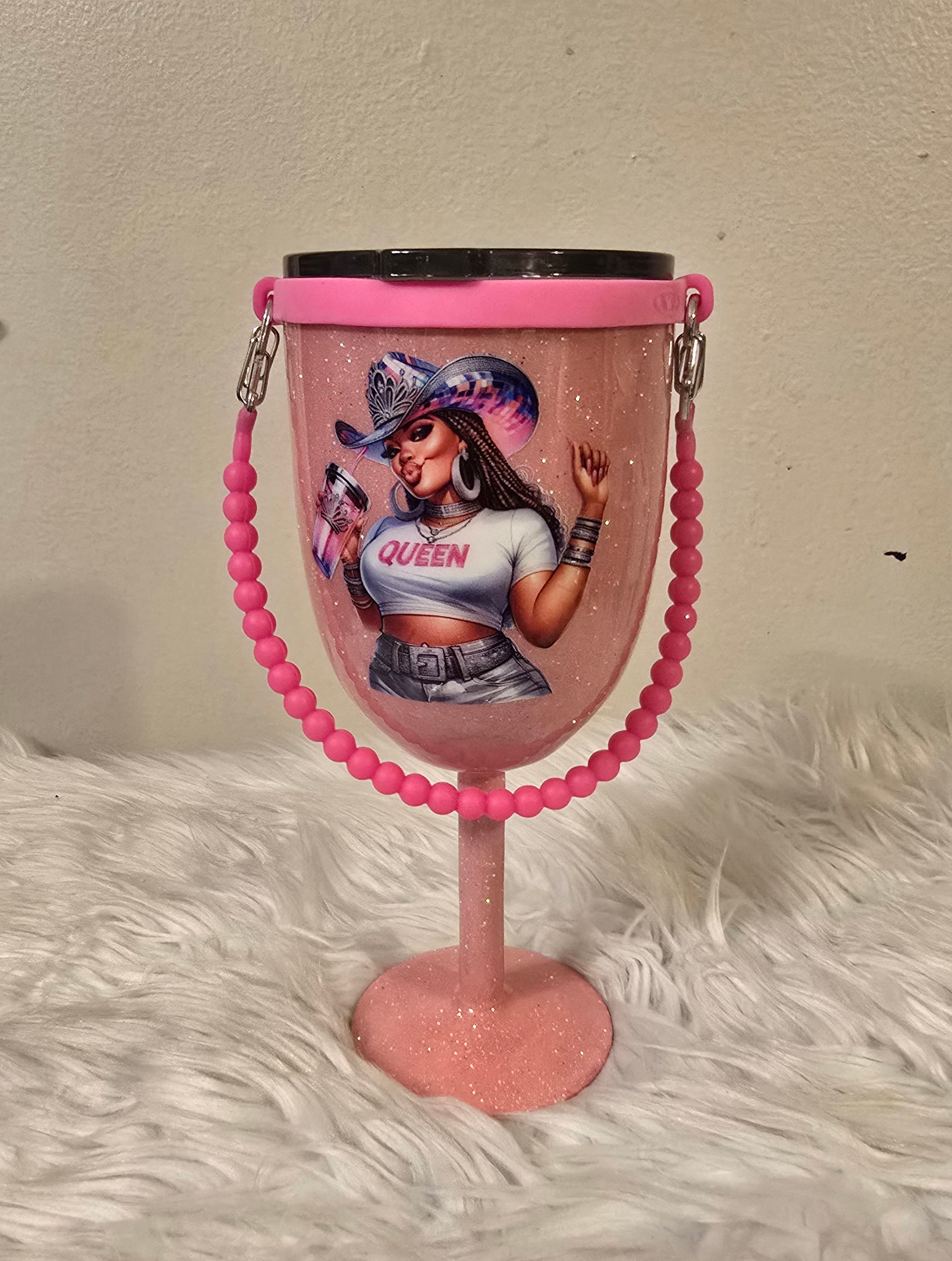 Black Cowgirl Stemmed 10oz Wine Tumbler w/Rope Handle