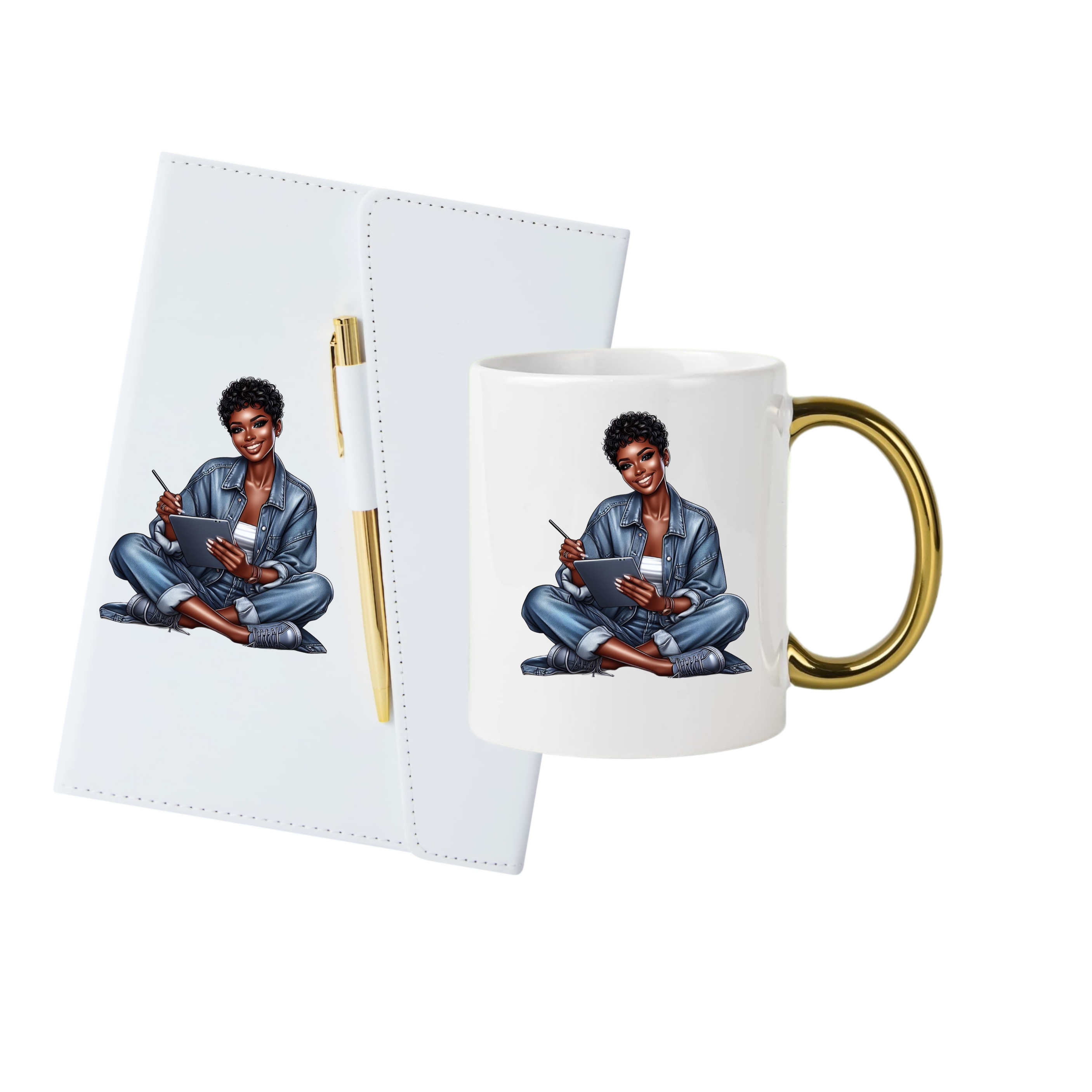 White (Gold Trim) Journal, Mug, Socks Gift Box Set