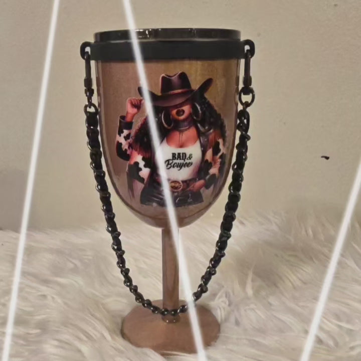 Black Cowgirl Stemmed 10oz Wine Tumbler w/Rope Handle